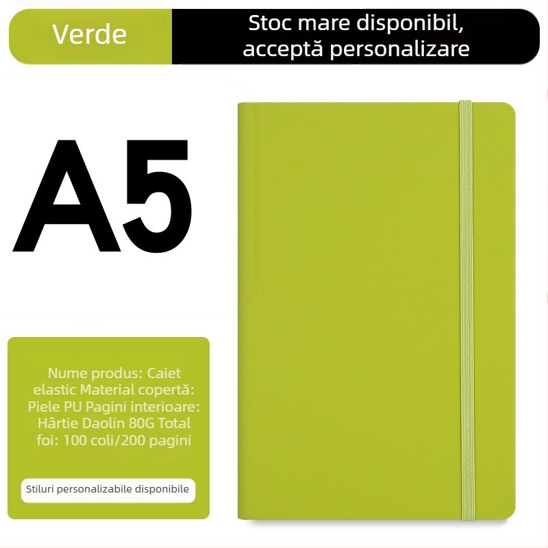 Caiet A5 personalizat cu bandă elastică, copertă PU, planner de birou pentru afaceri, imprimare logo disponibilă