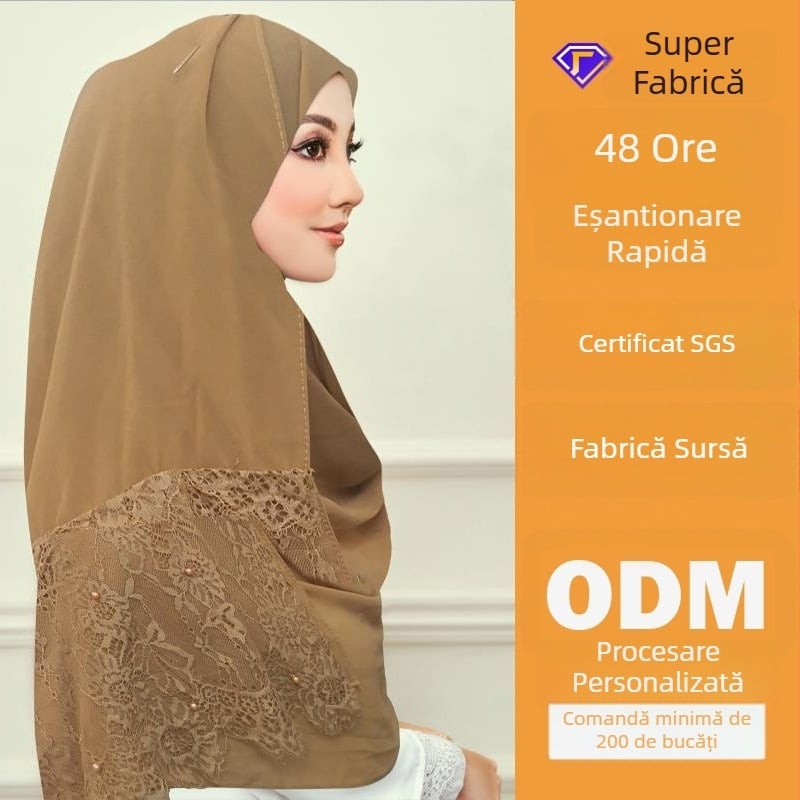 Șal personalizat pentru cap din chiffon, cu perle și margine dantelată