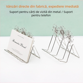 Suport metalic pentru cărți de vizită, în formă de margaretă, și suport de birou pentru telefon – două funcții într-unul