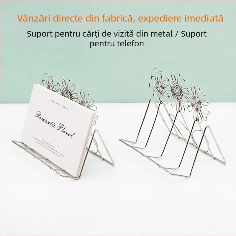 Suport metalic pentru cărți de vizită, în formă de margaretă, și suport de birou pentru telefon – două funcții într-unul