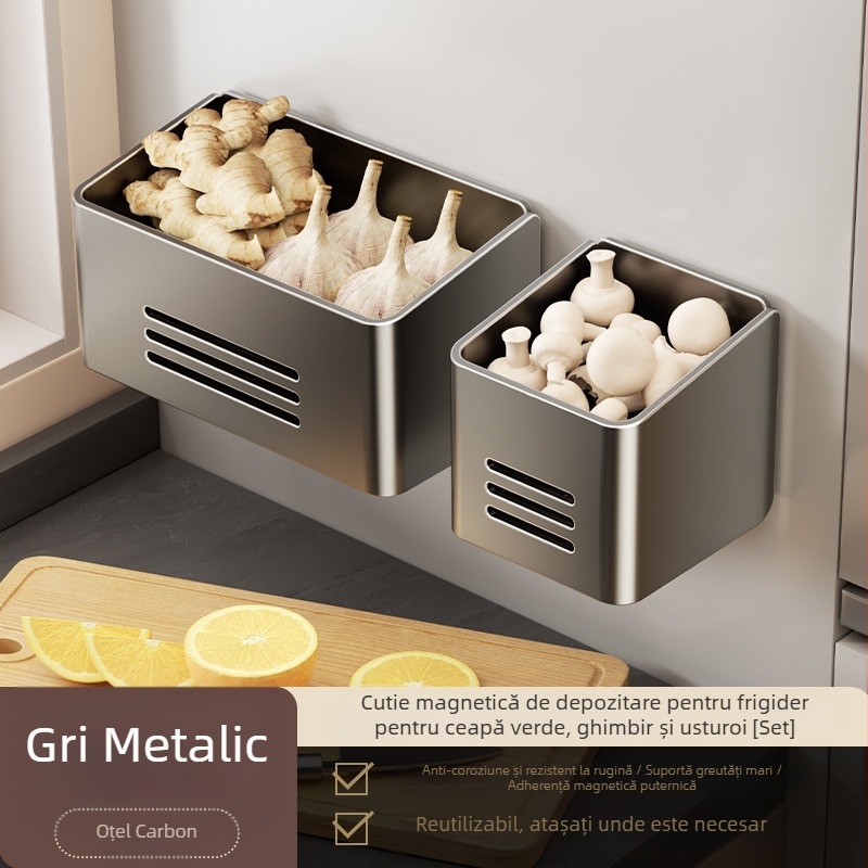 Raft magnetic de perete pentru exteriorul frigiderului, cu placă emailată - organizator pentru ceapă, ghimbir și usturoi