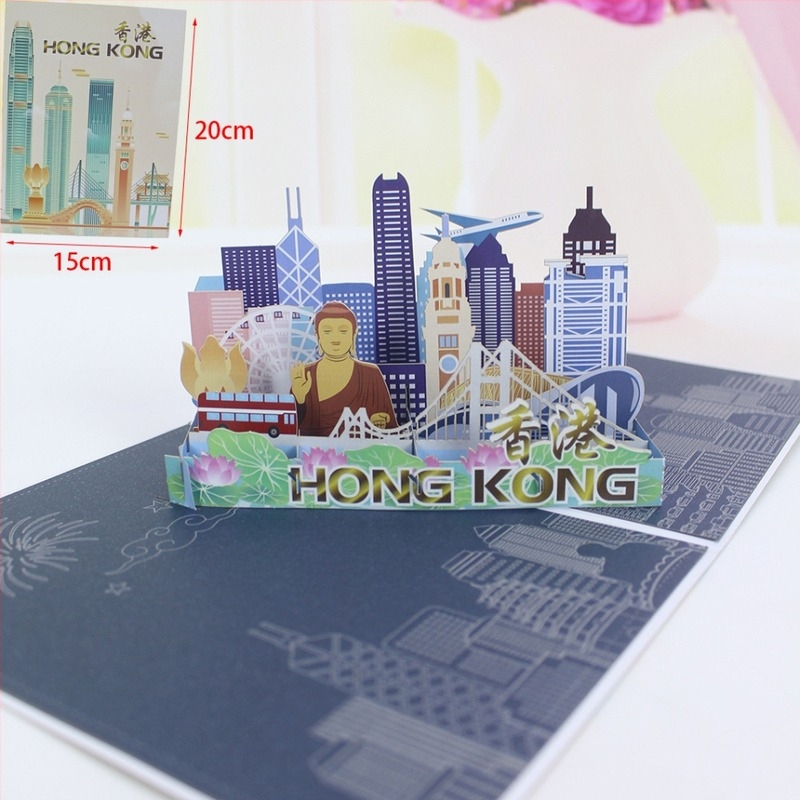 Model arhitectural 3D de peisaj turistic decupat cu laser din Guangzhou, Hangzhou, Hong Kong, Yunnan și New York – carte poștală de felicitare cu invitație pliabilă