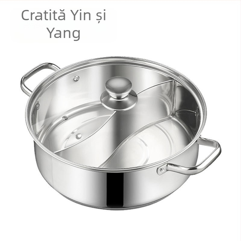 Oală hot pot cu două compartimente din oțel inoxidabil alimentar, compatibilă cu plitele cu inducție, cu fund gros, adâncă, mare capacitate, pentru uz casnic.