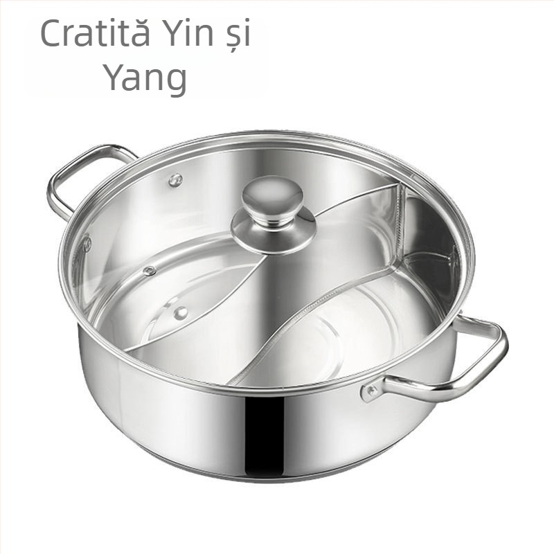 Oală hot pot cu două compartimente din oțel inoxidabil alimentar, compatibilă cu plitele cu inducție, cu fund gros, adâncă, mare capacitate, pentru uz casnic.