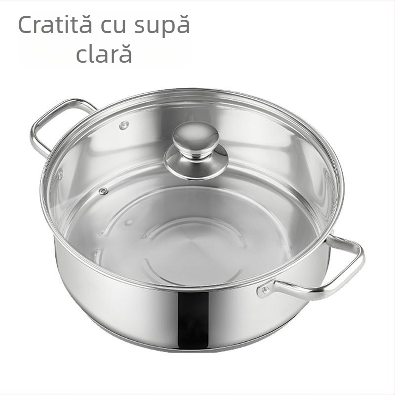 Oală hot pot cu două compartimente din oțel inoxidabil alimentar, compatibilă cu plitele cu inducție, cu fund gros, adâncă, mare capacitate, pentru uz casnic.