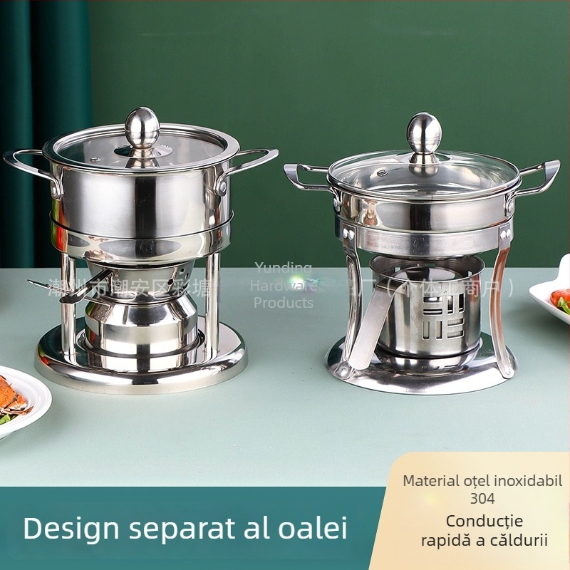 Oală mică cu plită pentru alcool din oțel inoxidabil 304, capac de sticlă, pentru 1–3 persoane