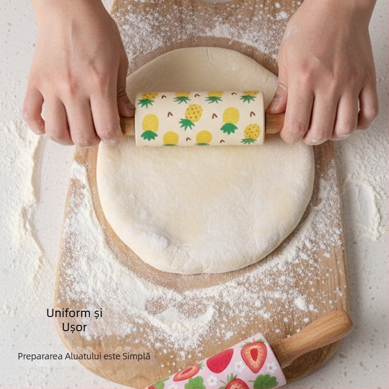 Rulou de bucătărie din silicon alimentar, cu mâner din lemn masiv, model decorativ pentru coacere și frământare aluat.