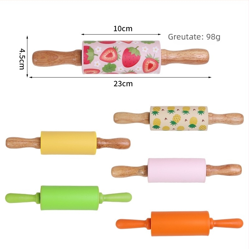 Rulou de bucătărie din silicon alimentar, cu mâner din lemn masiv, model decorativ pentru coacere și frământare aluat.