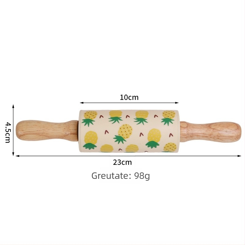 Rulou de bucătărie din silicon alimentar, cu mâner din lemn masiv, model decorativ pentru coacere și frământare aluat.