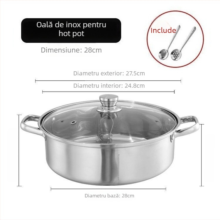 Hot pot din oțel inoxidabil 304, grosime mare, compatibil cu inducția; vas Yin-Yang cu capac din oțel inoxidabil 316