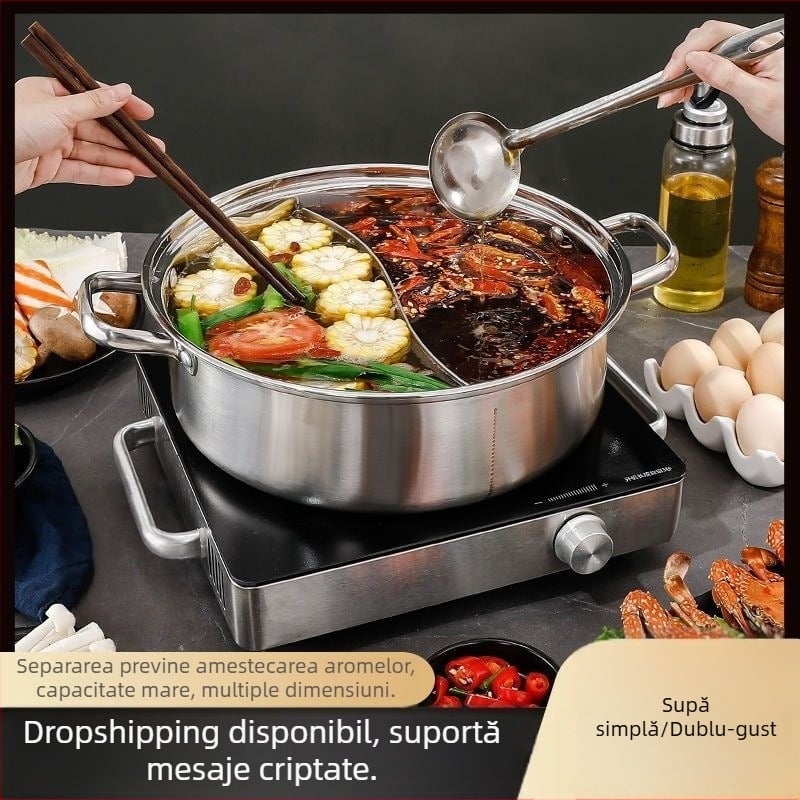 Hot pot din oțel inoxidabil 304, grosime mare, compatibil cu inducția; vas Yin-Yang cu capac din oțel inoxidabil 316