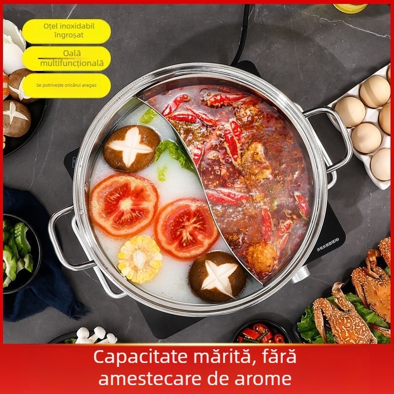 Hot pot din oțel inoxidabil 304, grosime mare, compatibil cu inducția; vas Yin-Yang cu capac din oțel inoxidabil 316