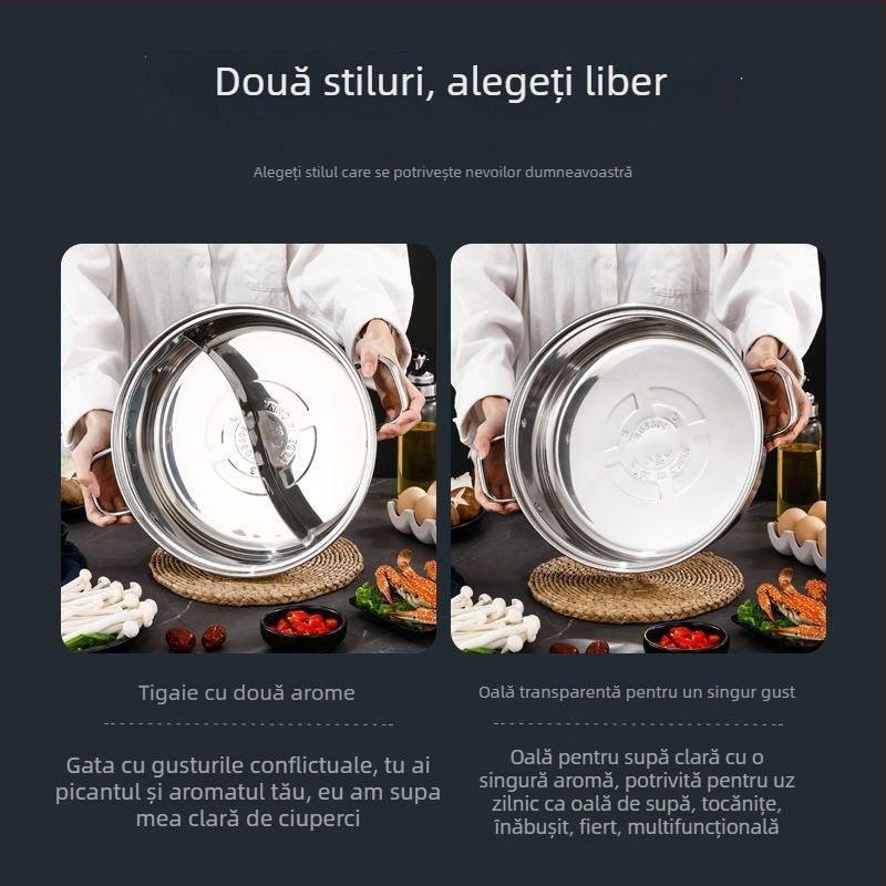 Hot pot din oțel inoxidabil 304, grosime mare, compatibil cu inducția; vas Yin-Yang cu capac din oțel inoxidabil 316