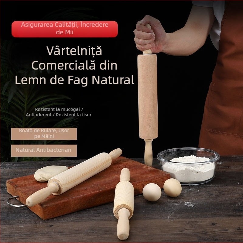 Rulou din lemn masiv, mare, cu rolă pentru găluște, aluaturi și fursecuri