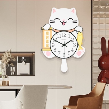 Ceas de perete cu pisică norocoasă – design creativ, montare pe perete fără găuri, decor pentru living