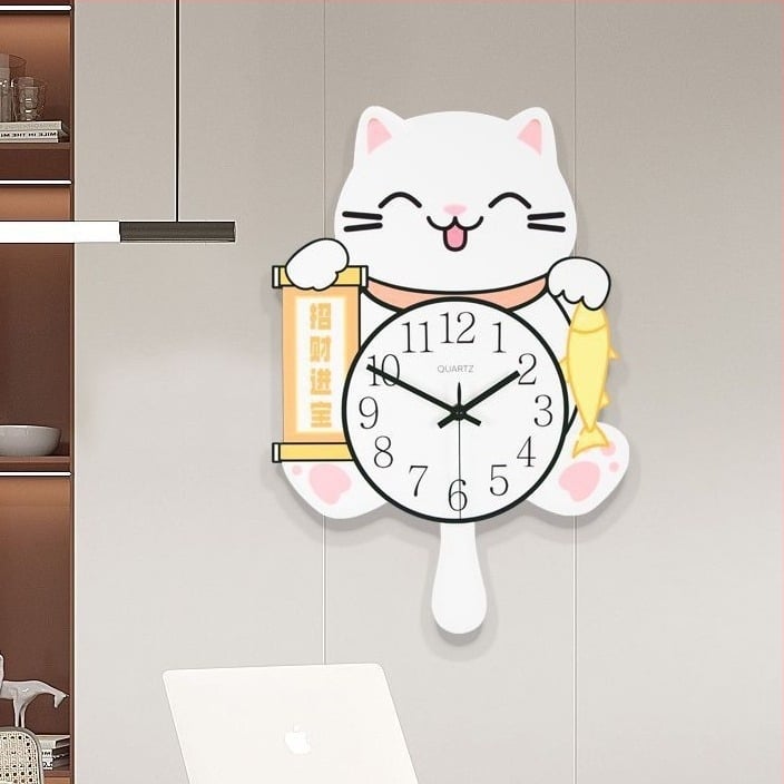 Ceas de perete cu pisică norocoasă – design creativ, montare pe perete fără găuri, decor pentru living