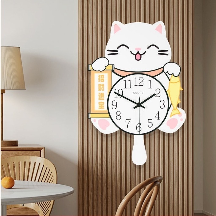 Ceas de perete cu pisică norocoasă – design creativ, montare pe perete fără găuri, decor pentru living