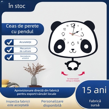Ceas de perete cu panda – design desen animat, pendul oscilant, cadru circular din acrilic pentru living