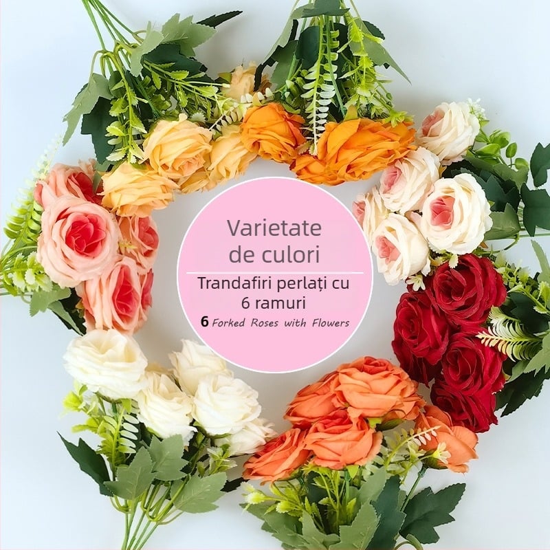 Buchet de trandafiri de satin cu 6 brațe pentru nunți și decor în casă