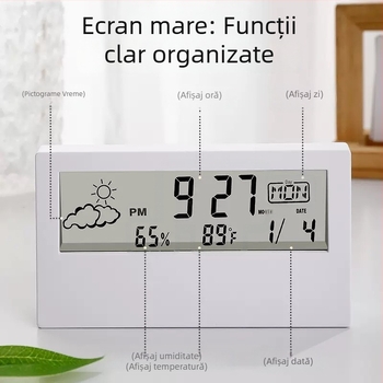 Ceas de birou cu afișaj timp, temperatură și umiditate, iluminare nocturnă și ceas cu alarmă digital