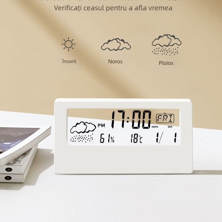 Ceas de birou cu afișaj timp, temperatură și umiditate, iluminare nocturnă și ceas cu alarmă digital