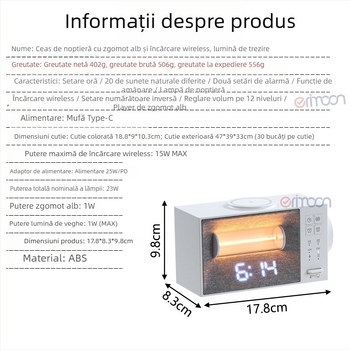 Ceas de birou multifuncțional, cu încărcare wireless și zgomot alb; lampă de birou și lumină de noapte