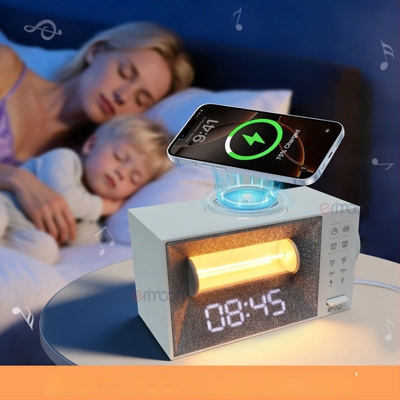 Ceas de birou multifuncțional, cu încărcare wireless și zgomot alb; lampă de birou și lumină de noapte