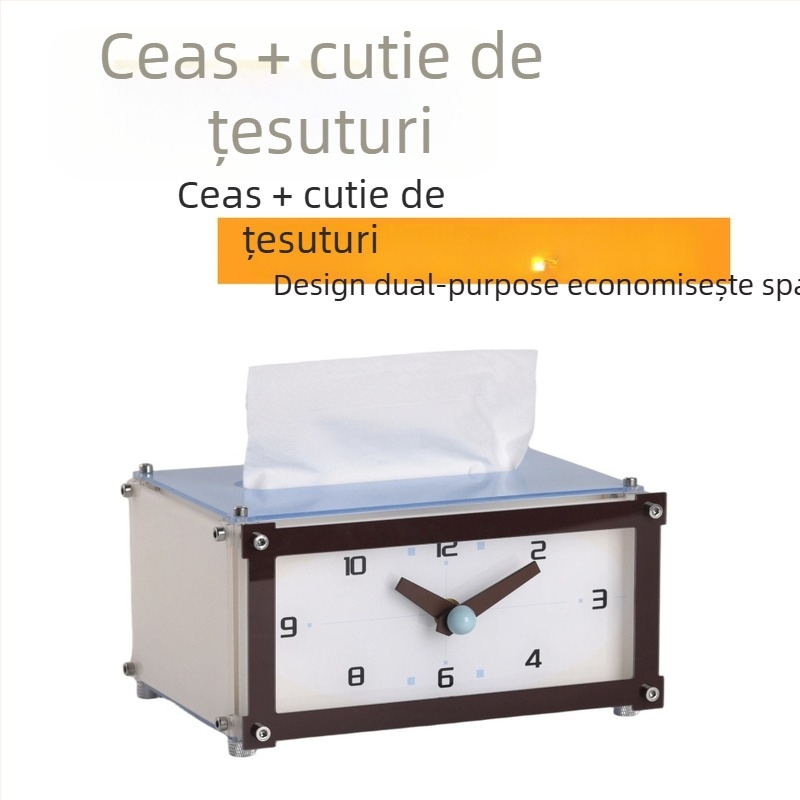 Ceas de birou cu cutie pentru șervețele, ornament decorativ de masă în stil modern minimalist
