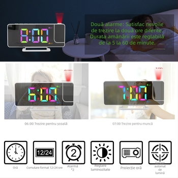 Ceas de proiecție digital LED oglindă RGB colorat – ceas de birou multifuncțional pentru casă cu alarmă