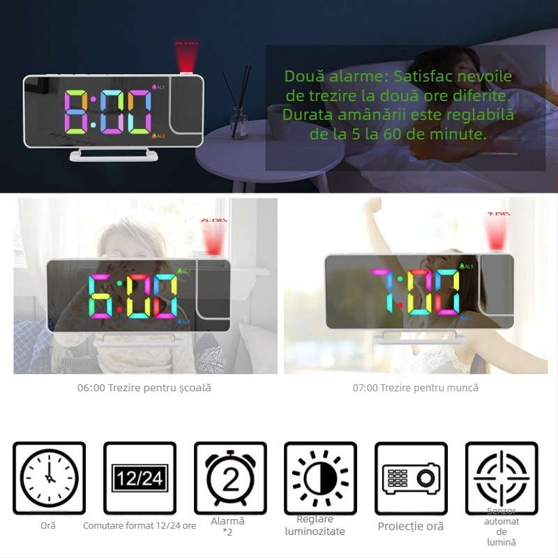 Ceas de proiecție digital LED oglindă RGB colorat – ceas de birou multifuncțional pentru casă cu alarmă