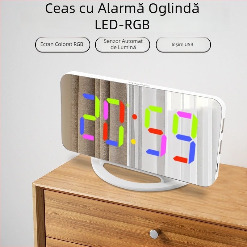 Ceas de alarmă LED cu ecran mare RGB, oglindă, ceas digital de birou cu două porturi USB