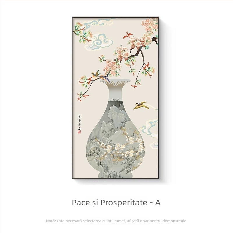 Tablou decorativ cu flori și păsări, în stil chinezesc nou, vertical, înrămat, pentru intrare, sufragerie și hol