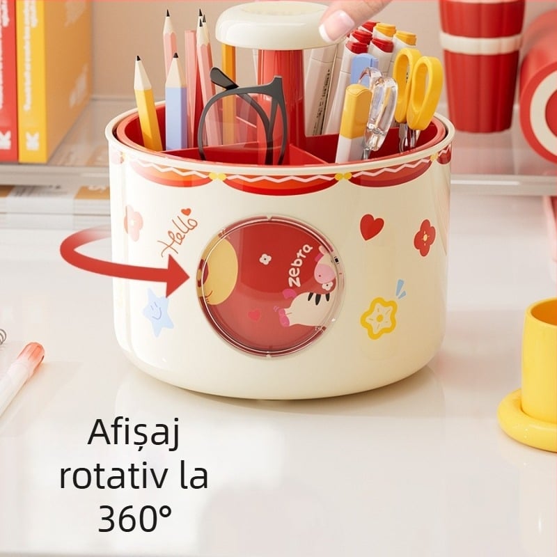 Organizator de birou rotativ, în formă de capsulă spațială, cu patru compartimente pentru pixuri și rechizite de birou
