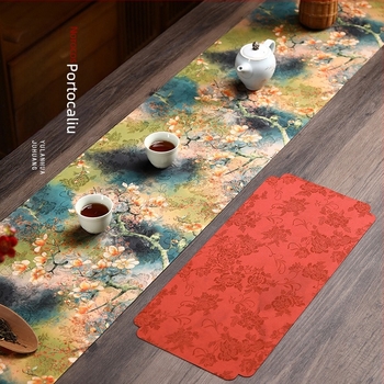 Covoraș impermeabil pentru ceai, dublu față, din satin, dreptunghiular, cu design lotus și magnolie