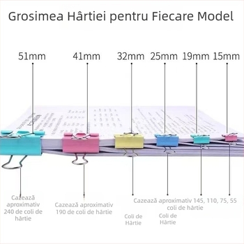 Cleme colorate pentru dosare cu brațe lungi, negre și în dimensiuni variate, pentru documente, chitanțe, cărți și papetărie de birou.