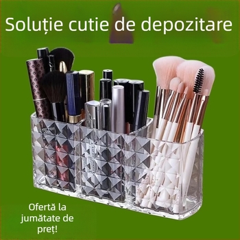 Organizator transparent din acrilic pentru birou, cu compartimente pentru pixuri și notițe
