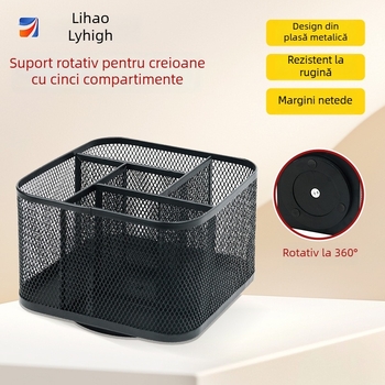Suport metalic rotativ pentru pixuri, plasă metalică, rotire la 360°, organizator de birou cu cinci compartimente