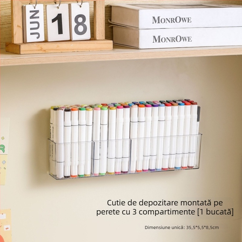 Casetă de depozitare pentru markere, montată pe perete, capacitate mare — organizator de birou și suport pentru pensule de acuarelă