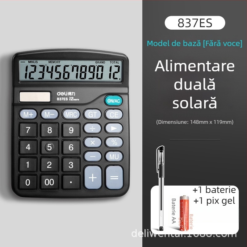 Deli 837Es calculator cu ecran mare, 12 cifre, alimentare duală, fără funcție vocală, pentru contabilitate financiară și birotică