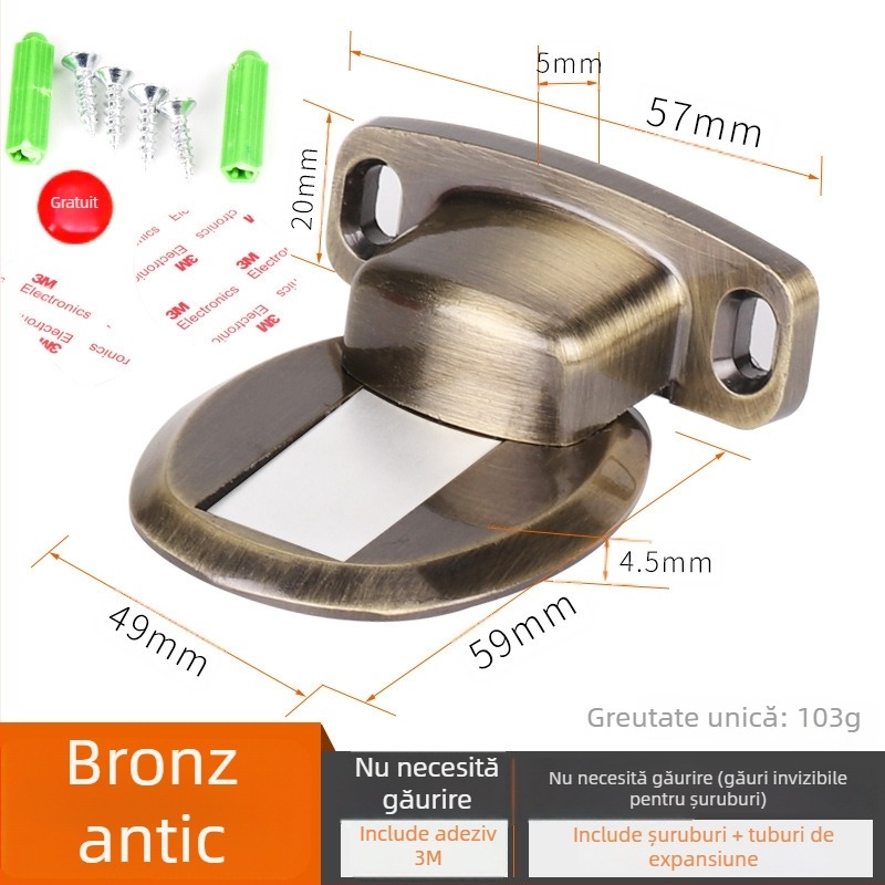 Top Valley Stopper magnetic pentru ușă invizibil, fără găuri, aliaj de zinc, margine superioară îngroșată, protecție împotriva coliziunilor, montaj pe podea pentru uși din lemn ale dormitorului