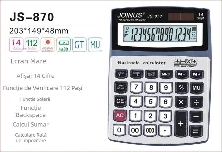 Zhongcheng 870 calculator de birou – alimentare solară și dublă, afișaj 14 cifre