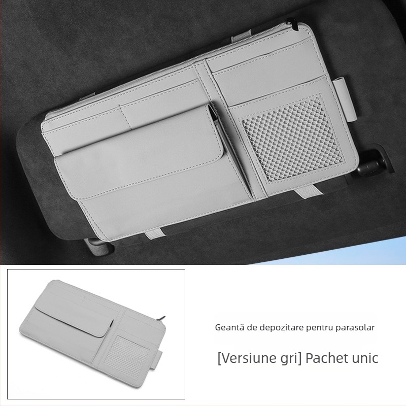 Organizator pentru parasolarul mașinii, cu clips pentru ochelari și buzunar pentru carduri