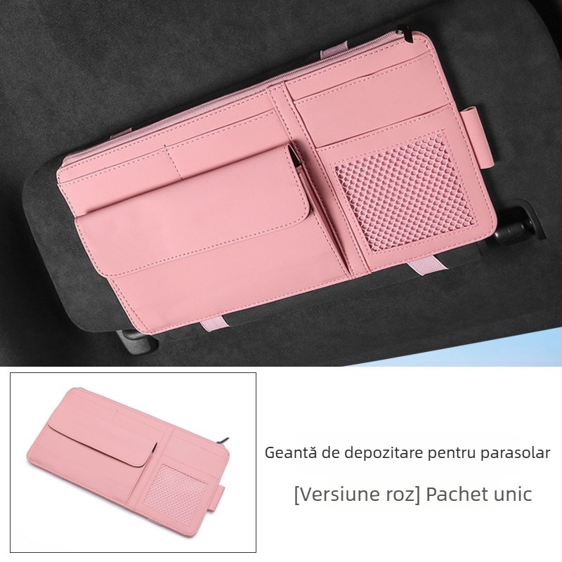 Organizator pentru parasolarul mașinii, cu clips pentru ochelari și buzunar pentru carduri