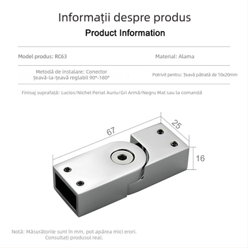 Conector fix din alamă pentru ușa de duș din sticlă, 10x20 mm RC63