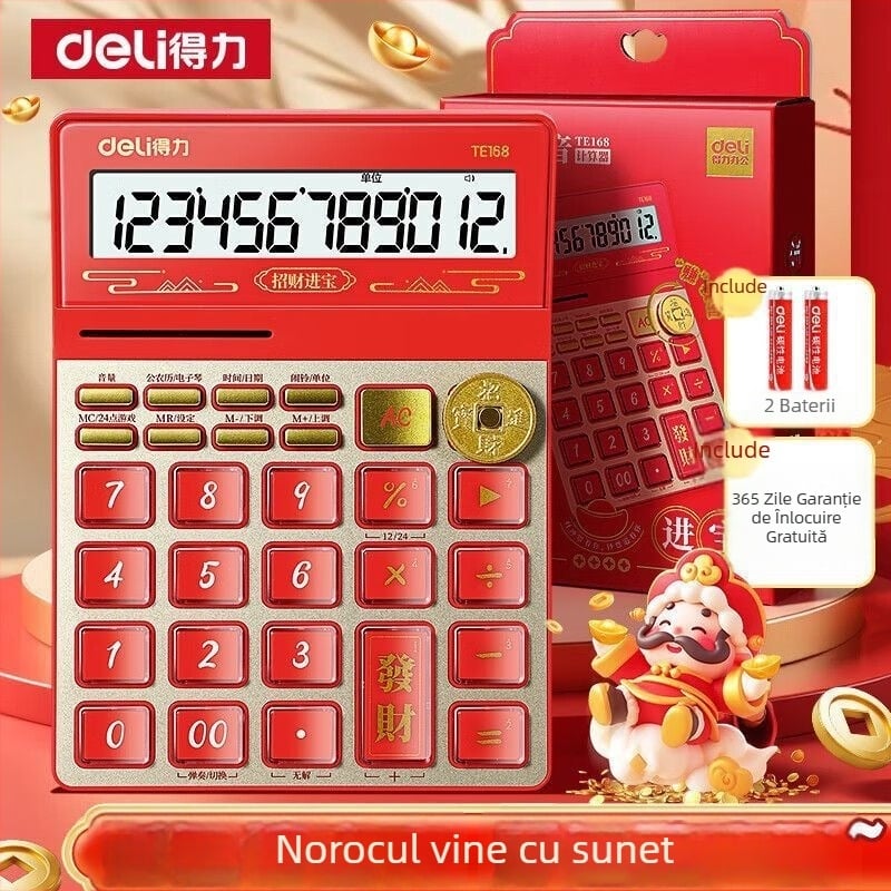 Deli TE168 Calculator cu voce, Zeul Prosperității, pentru birou, finanțe și contabilitate, cu pronunție vocală reală și taste de cristal