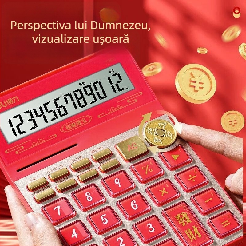Deli TE168 Calculator cu voce, Zeul Prosperității, pentru birou, finanțe și contabilitate, cu pronunție vocală reală și taste de cristal