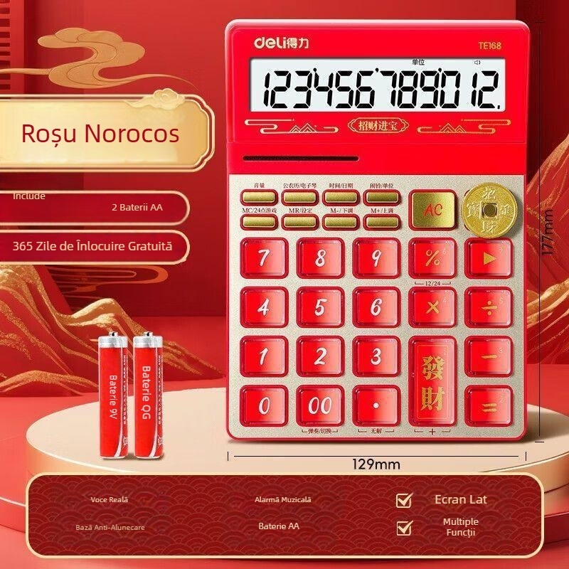 Deli TE168 Calculator cu voce, Zeul Prosperității, pentru birou, finanțe și contabilitate, cu pronunție vocală reală și taste de cristal