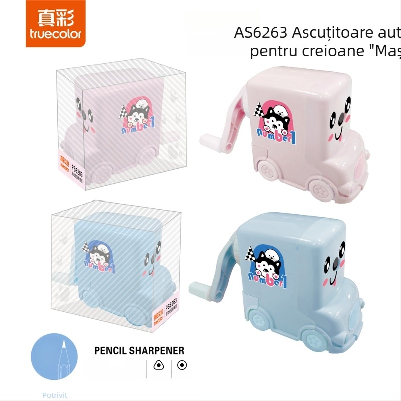 True Color Ascuțitor de creioane pentru elevi, design desen animat, model 6263, manual, din plastic