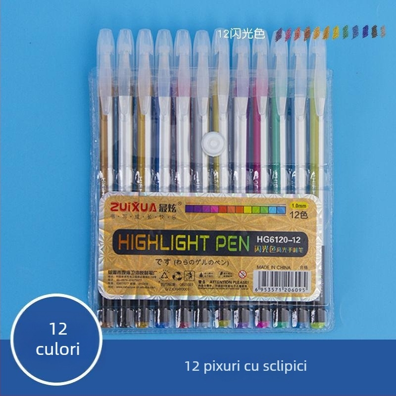 Set de markere neon strălucitoare cu sclipici, pixuri gel colorate în stil koreean pentru jurnal și evidențierea notițelor
