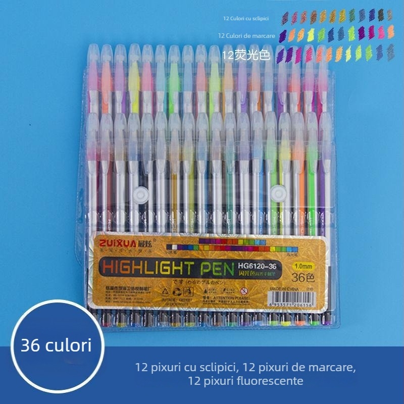 Set de markere neon strălucitoare cu sclipici, pixuri gel colorate în stil koreean pentru jurnal și evidențierea notițelor